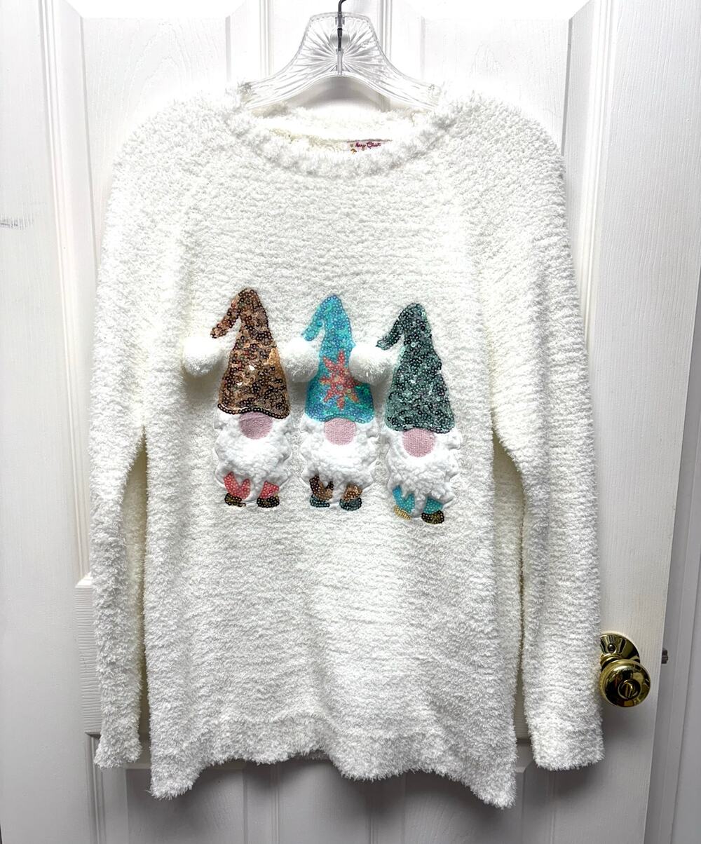 Poof Sweater Fuzzy Sequin Gnome Pom-Pom Christmas Sparkle Women’s Size M